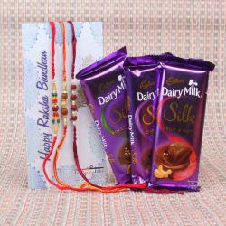 Cadbury Dairy Milk Silk Chocolates Combo with Three Rudraksha Rakhi