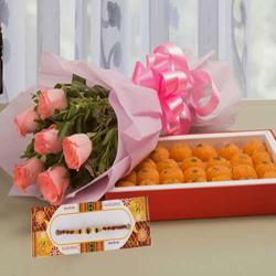 Delicious Motichoor Ladoo with Roses Bouquet and Rakhi