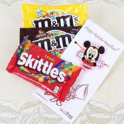 Micky Mouse Rakhi with MnM and Skittles Chocolates Packs