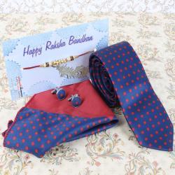Rakhi Gift Combo of Polka Dots Tie Cufflinks and Handkerchief