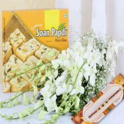 Soan Papdi with Orchids Bouquet and Rakhi